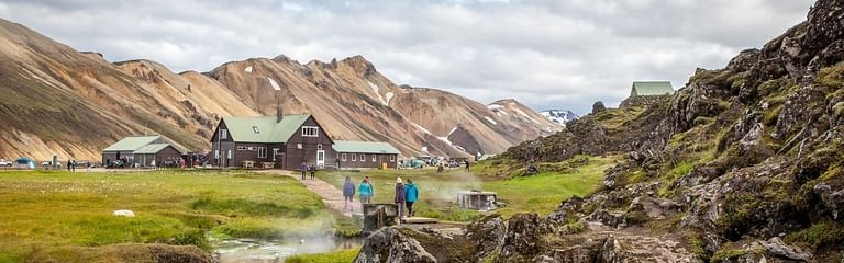 Furnished huts are available for rent at Landmannalaugar Hot Springs in Southern Iceland.