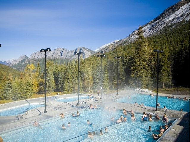 Miette Hot Springs is located in Jasper National Park, about 120 kilometers from the town of Jasper.