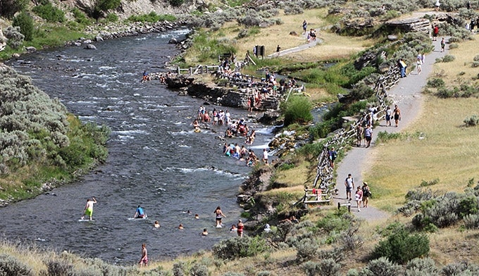 The hot springs around Yellowstone Park are safe for swimming.